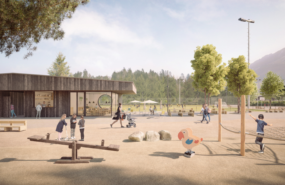 Espace public avec pavillon en bois sombre, jeux et montagnes en arri&egrave;re-plan