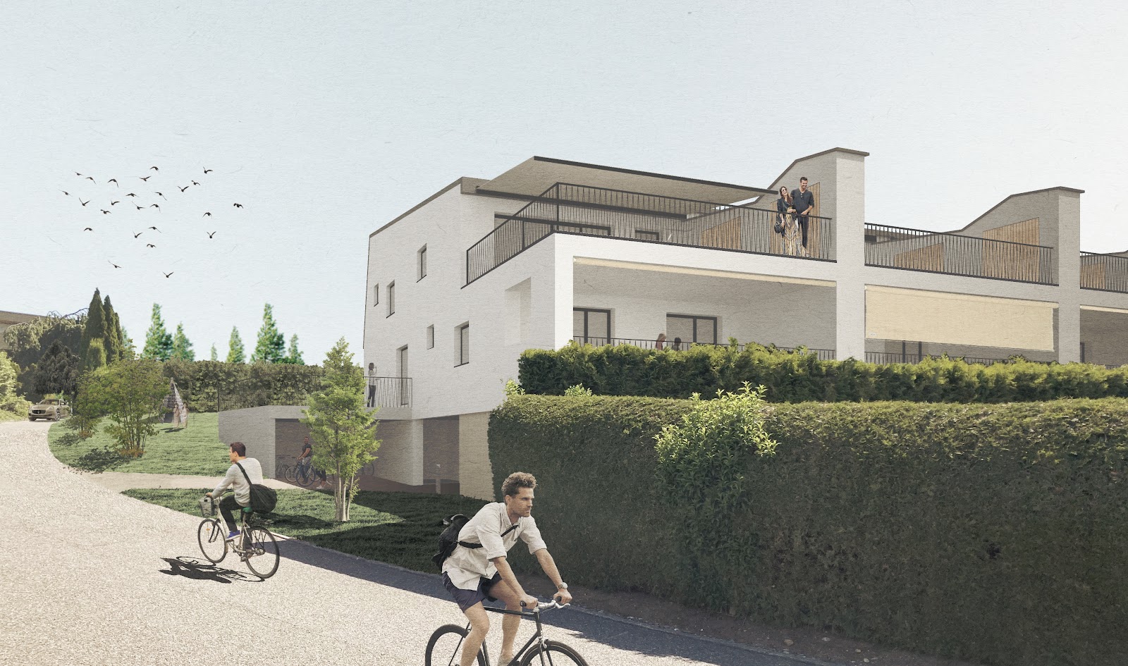 Immeuble r&eacute;sidentiel contemporain avec terrasses et v&eacute;g&eacute;tation