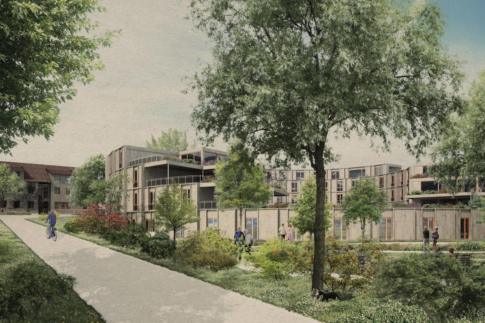 Projet r&eacute;sidentiel con&ccedil;u par L'ARCH collectif, ensemble de b&acirc;timents en bois et b&eacute;ton dans un &eacute;crin de verdure