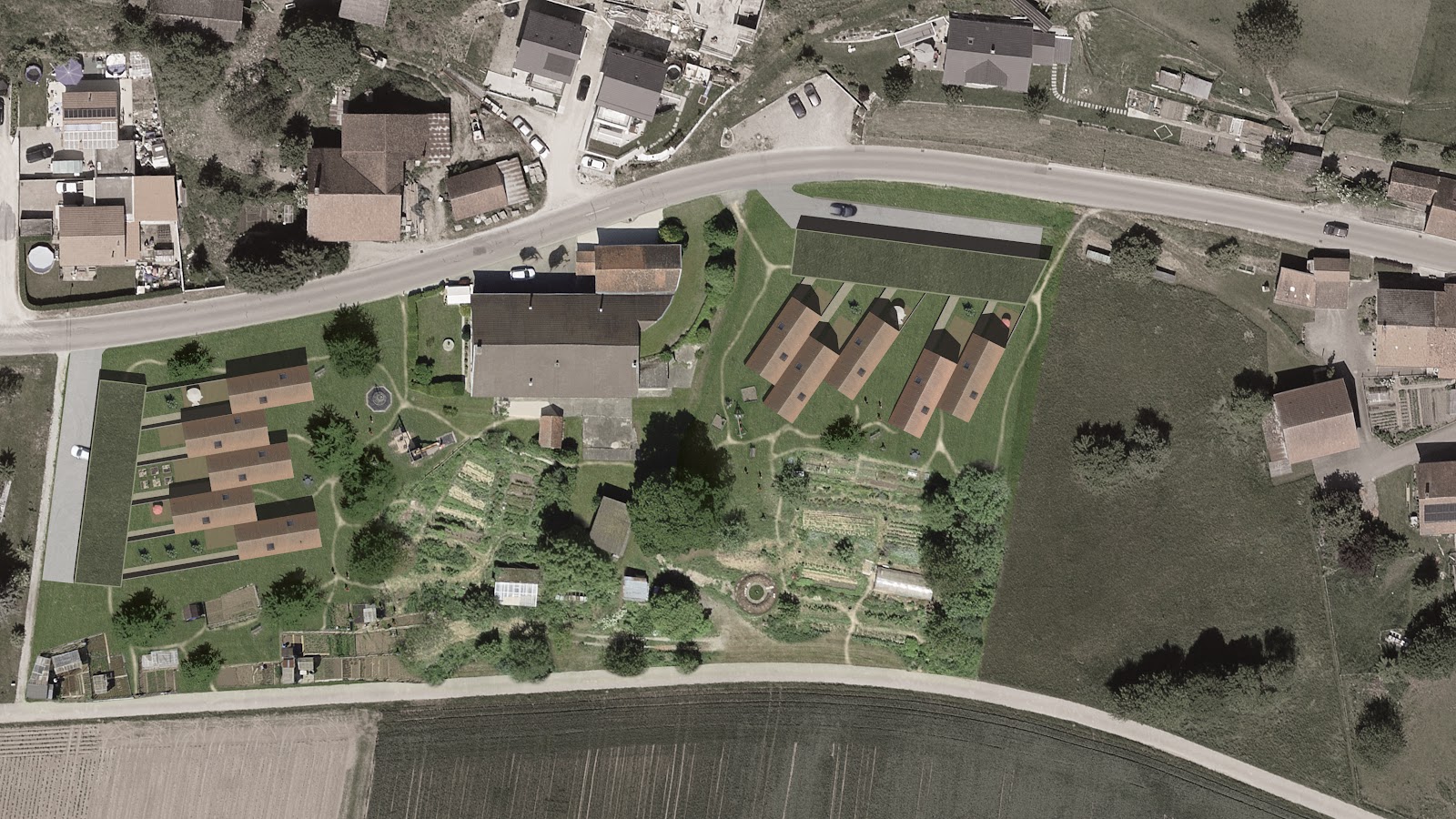Vue a&eacute;rienne d'un projet d'am&eacute;nagement territorial en zone rurale